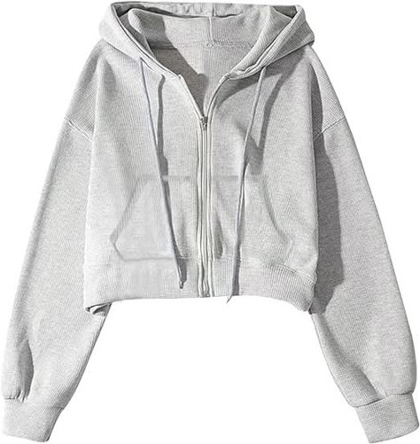 Yimoon Cropped Zip Up Hoodie for Women Waffle Knit Vintage cropped Sweatshirt Casual Long Sleeve Hooded crop jacket(Grey-L) at Amazon Women’s Clothing store Grey Cropped Hoodie Outfit, Vintage Zip Up Hoodie, Cropped Zipper Hoodie, Pink Cropped Zip Up Hoodie, Hoodie Gap, Cropped Zip Up Hoodie, Grey Cropped Hoodie, America Outfit, Cropped Zip Up