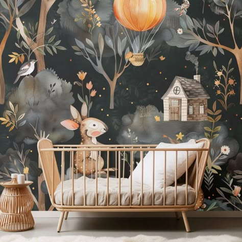 Whimsical Forest Adventure Wallpaper Nursery Forest Wallpaper, Forest Nursery Mural, Whimsical Bedroom Kids, Forrest Nursery Wallpaper, Nursery Mural Ideas, Enchanted Forest Nursery Theme, Baby Room Wallpaper, Fairy Tale Nursery, Nursery Whimsical