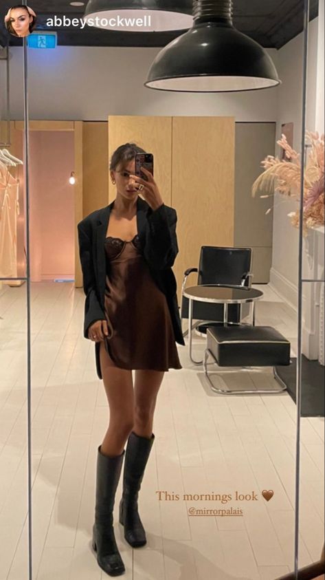 Mirror Palais Brown Slip Dress and Blazer #ootd #fashion #mirrorpalais Slip Dress Outfit Night, Slip Dress Winter, Slip Dress Outfit Winter, Brown Dresses Outfit, Dress And Blazer Outfit, Winter Going Out Outfits, Brown Slip Dress, Slip Dress Outfit, Going Out Outfit