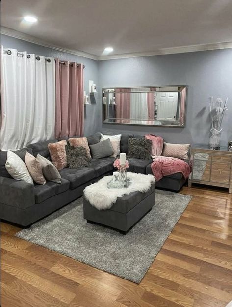 Pink And Silver Living Room Decor, Girlie Apartment, Grey And Pink Living Room, Decorated Apartments, 2022 Drawing, Girl Apartment Decor, Apartment Simple, Apartment Decorating Living, Girly Apartment Decor