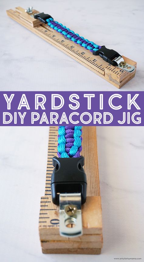 DIY Yardstick Paracord Jig #diy #paracord #paracordbracelet #paracordjig #teencrafts #kidscrafts #woodcrafts #woodworking Diy Paracord Jig, Paracord Jig, Paracord Projects Diy, Paracord Bracelet Patterns, Paracord Bracelet Tutorial, Paracord Braids, Diy Dog Collar, Paracord Bracelet Diy, Paracord Dog Collars