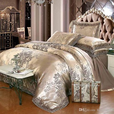 Gold silver coffee jacquard luxury bedding set queen/king size stain bed set 4/cotton silk lace duvet cover sets bedsheet home textile Draps Design, Jacquard Bedding, King Size Bedding Sets, Luxury Duvet Covers, Satin Bedding, Luxury Bedding Set, Silk Bedding, Cotton Bedding Sets, King Bedding Sets