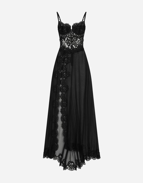 Dolce & Gabbana Long silk chiffon and Chantilly lace slip dress Long Black Dress Lace, Black Lace Dress Aesthetic, Dolce And Gabbana Outfit, Dark Ethereal Outfit, Dolce And Gabbana Dresses, Black Wedding Dress Lace, Dolce And Gabbana Corset, Black Dress Runway, Black And White Prom Dress