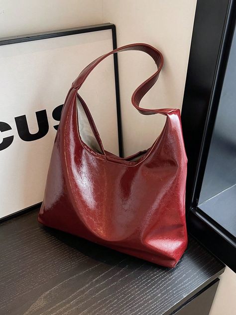 Burgundy  Collar  PU Leather Plain Shoulder Tote Bag Embellished   Women Bags Burgundy Tote Bag, Burgundy Leather Bag, Demure Fall, Shein Bags, Letter Vintage, Canvas Grocery Bag, Burgundy Bag, Red Leather Bag, Red Tote Bag