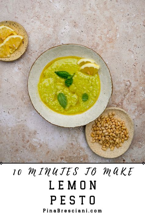 Lemon Pesto in a bowl. Lemon Pesto Recipe, Lemon Peel Pesto, Trader Joes Lemon Pesto, Lemon Pesto Trader Joes, Home Made Pesto Recipe, Lemon Pesto Sauce, Pesto Genovese Recipe, Mediterranean Pesto, Lemon Pesto Pasta