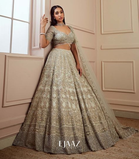 Ejaazcouture Lehenga, Lehenga Non Bridal, Champagne Lehenga, Ejaaz Couture, Deep Neck Blouse, Grey Lehenga, Latest Bridal Lehenga Designs, Heavy Lehenga, Bridal Lehenga Designs