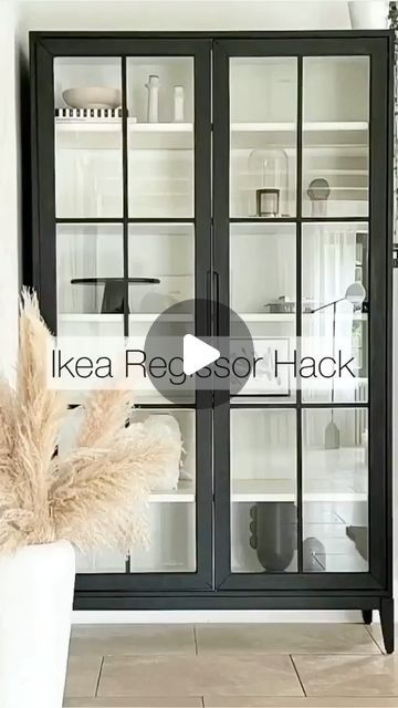 wonderhome_ideas on Instagram: REGISSOR Display Cabinet Hack ✨ Follow for more 💡 • All you need is : • REGISSOR display cabinet • Primer • Paint • Timber pieces • No… Build In Display Cabinet, Styling A Cabinet With Glass Doors, Minimalist Display Cabinet, Modern China Cabinet Display Ideas, Display Cabinet Design Modern, Cabinet Primer, Glass Display Cabinet Ideas, Glass Cabinets Display Living Room, Ikea Regissor