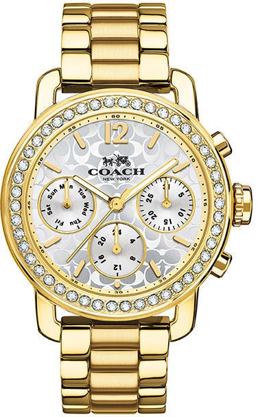 Zales Ladies' Coach Legacy Sport Crystal Accent Gold-Tone Chronograph Watch with Silver-Tone Dial (Model: 14502370) Coach Watch, Gold Plated Watch, Time Will Tell, Jewelry Clothes, Casual Watches, Gold Plated Bracelets, Women's Watches, Watches Jewelry, Steel Bracelet