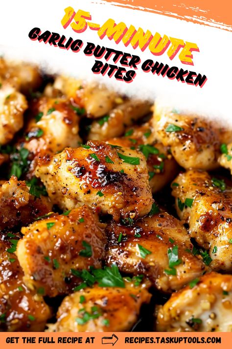 Looking for a quick and delicious dinner option? Try these 15-Minute Garlic Butter Chicken Bites! Perfectly seasoned chicken pieces are sautéed in rich garlic butter, delivering a burst of flavor in just minutes. Ideal for busy weeknights or a last-minute gathering, this easy recipe pairs wonderfully with your favorite sides. Discover how to make this mouthwatering dish and impress your family with minimal effort. Get ready to savor every bite! Side Dishes For Weeknight Dinners, Easy Chicken Pieces Recipes, Oven Baked Chicken Bites Recipes, Baked Chicken Dinner Ideas Healthy, Gluten Free Chicken Bites, Crispy Garlic Butter Chicken, Lemon Butter Chicken Bites, Easy Oven Baked Chicken Bites, Chicken Recipes For 1 Person