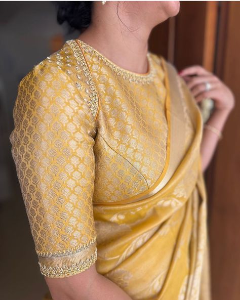 Necklines For Blouses Indian, Simple Blouse Designs For Lengha, Blouse Designs For Benarasi Saree, Yellow Maggam Blouse, Banarasi Blouse Work Designs, Blouse Designs For Brocade Blouse, Banaras Blouse Work Designs, Brocade Blouse Work Designs, Banaras Sarees Blouse Designs