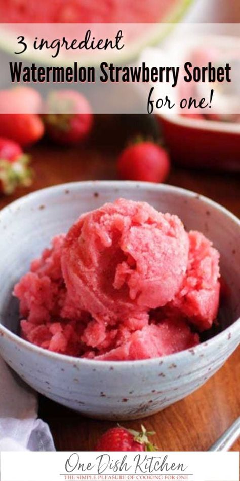 Dairy Free Watermelon Strawberry Sorbet made with just 3 ingredients; watermelon, strawberries, and honey. No ice cream maker needed! Watermelon Sorbet Recipes, Strawberry Sorbet Recipe, Bakery Style Blueberry Muffins, One Dish Kitchen, Watermelon Sorbet, Watermelon Strawberry, Strawberry Sorbet, Strawberry Shortcake Recipes, Single Serving Recipes