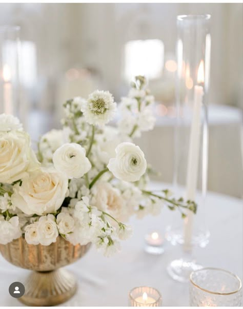 White And Cream Floral Arrangements, Cream And White Flower Arrangement, Wedding Flowers Timeless, White Floral Centerpieces Round Table, Neutral Flower Wedding, Neutral Flower Arrangements Centerpieces, White Florals Wedding Centerpieces, Gold Chivari Chairs Wedding Ceremony, White Cream Wedding Flowers