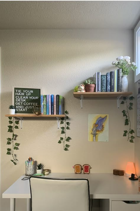 Book Shelves Over Desk, Shelf Above Desk Ideas, Bookshelf Above Desk, Shelving Above Desk, Desk With Shelves Above, Shelf Above Desk, Home Office Shelving Ideas, Above Desk Decor, Desk Wall Decor