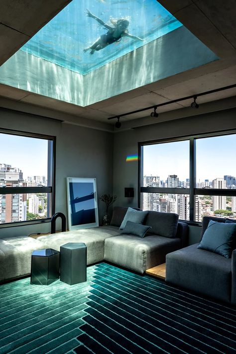 Glass Bottom Pool, Penthouse With Pool, Outdoor Countertop, Inside Pool, Apartment Pool, Swimming Pool Filters, Glass Pool, Modular Couch, Office Room Decor