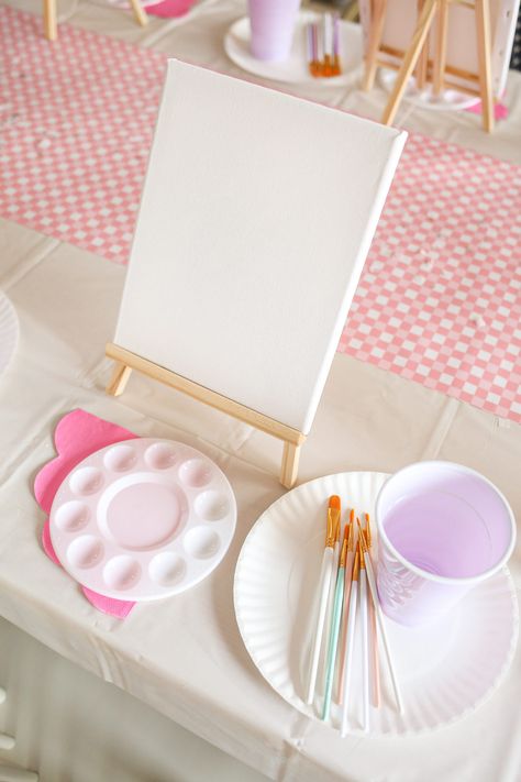 Ava’s Art Party - amanda hamman - let's make something pretty! Pastel Paint Party, Diy Craft Party, Paint Day Ideas, Canvas Party, Barbie Art Party, Painting Party Kids, Barbie Paint Party, Arts And Craft Party, Girls Party Activities