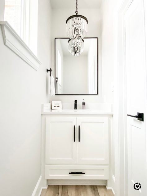 Clean Powder Room Ideas, Black White Gray Powder Room, Powder Bathroom White Vanity, Powder Room White Vanity Black Hardware, Small Powder Room Ideas Black And White, Small Powder Room White Vanity, Powder Room White Cabinet, White Cabinet Powder Room, White And Black Powder Room Ideas