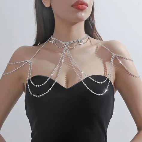 Luxury Multi Layers Rhinestone Tassel Shoulder Chain - Temu Canada Jóias Body Chains, Wedding Dresses Under 100, Shoulder Necklace, Vintage Bohemian Style, Body Chains, Shoulder Chain, Neck Piece, Neck Chain, Body Chain Jewelry