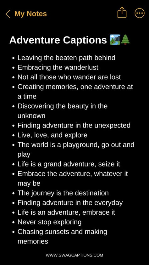 Embark on a journey of words with Adventure Captions For Instagram! Whether you're scaling mountains or exploring new horizons, find the perfect caption to capture the essence of your daring escapades. From adrenaline-fueled moments to serene landscapes, ignite wanderlust in your followers with our collection of epic adventures in every line. Let your stories unfold and your captions inspire as you embrace the spirit of adventure on every post! Mountain Aesthetic Quotes, Camping Instagram Captions, Mountain Captions Instagram, Adventure Captions For Instagram, Quotes Walking, Hiking Quotes Adventure, Funny Camping Quotes, Quotes From Instagram, Adventure Captions