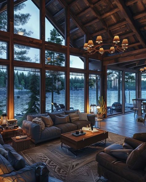 House Design With Big Windows, Cabin With Large Windows, Mountain Lake House Interior, Lots Of Windows House, Full Window Wall Living Room, Lake House Windows, Luxury Cabin Interior, Cozy Cabin Living Room, Cozy Lake House