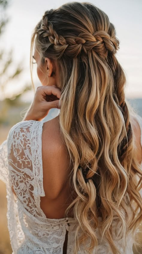 Dive into the World of Pretty Braided Hairstyles: 15 Stylish Ideas for Every Occasion 44 Hairstyles 15, Engagement Photo Hair, Bridal Hairstyles With Braids, Bridemaids Hairstyles, Bridal Hair Down, Half Up Wedding Hair, Bridal Braids, Wedding Hairstyles Bridesmaid, Wedding Braids