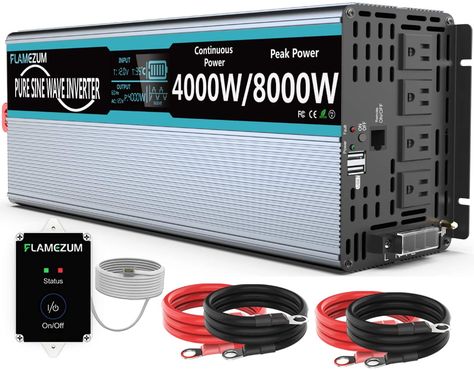 FLAMEZUM Pure Sine Wave Power Inverter 4000Watt 12V DC to AC 110V 120V Peak Power 8000Watt with Remote Control 4 AC Outlets and Dual USB Port for CPAP RV Car Solar System Emergency Micro Farm, Solar Power Inverter, Medical Words, Power Converters, Rv Car, Alternating Current, Power Converter, Power Inverters, New Technology Gadgets