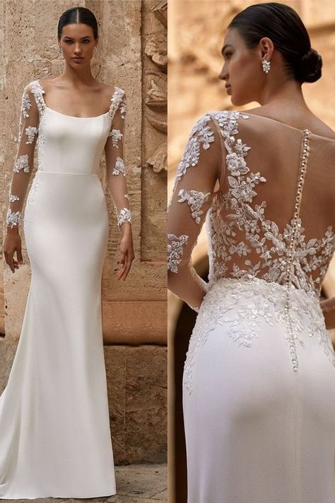 White Mermaid Dress With Sleeves, Scoop Neck Long Sleeve Wedding Dress, Scoop Neck Wedding Dress With Sleeves, Simple Long Sleeve Wedding Dress Classy, Simple Elegant Wedding Dress Classy Chic, Gown Back Neck Design, High Back Wedding Dress, Engagement Dresses Elegant, Wedding Dress Back Detail