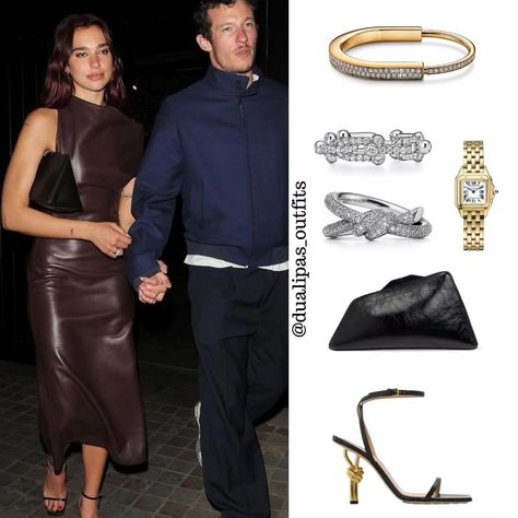 Dua spotted in London with Callum recently!! 🤎 • Dress: Leather Draped Dress from @newbottega • Bag: 8:30 PM Black Oversized Clutch from @theattico ($800) • Sandals: Knot Sandals from @newbottega ($1,500) • Bracelet: Bangle in Yellow Gold in Full Pavé Diamonds from @tiffanyco ($38,000) • Watch: Panthère De Cartier Watch - Small model from @cartier ($23,100) • Rings: - Small Link Ring in Diamonds from @tiffanyandco ($14,000) - Knot Double Row Ring Diamonds from @tiffanyandco ($11,000... Knot Sandals, 100 Rings, Link Ring, Oversized Clutch, Dress Leather, Cartier Watch, Linking Rings, Draped Dress, Bracelet Bangle