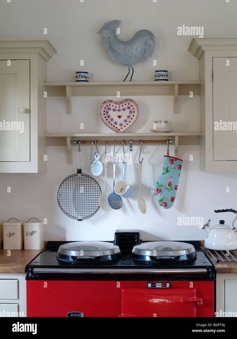 Red Aga Kitchen, Aga Kitchen Farmhouse, Aga Oven, Aga Kitchen, Red Shelves, House Inspo, Country Kitchen, Farmhouse Kitchen, Oven