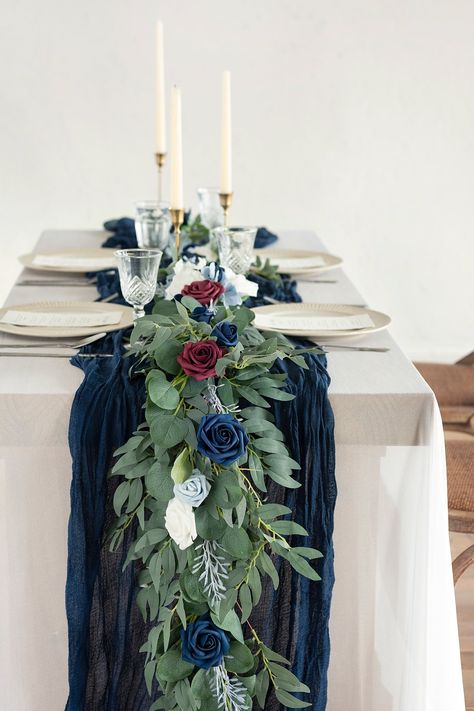 Navy Blue Cheesecloth Table Runner, Burgundy And Navy Table Decor, Navy Cheesecloth Table Runner, Navy Table Runner Wedding White Linens, Navy Blue And Burgundy Wedding Reception Tables, Navy And White Table Decor, Navy Table Runner Wedding, Teal Wedding Table Decor, Navy Blue And Burgundy Wedding Reception