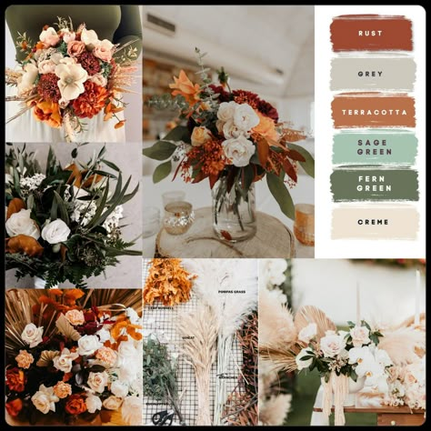 Rust Eucalyptus Wedding, Earth Tone Themed Weddings, Rust Color Schemes Wedding, Rust Green And Tan Wedding, Fall Farm Wedding Centerpieces, Taupe And Orange Wedding, Terracotta And Green Bouquet, Wedding Colors Rust And Sage, Rustic Boho Wedding Colors