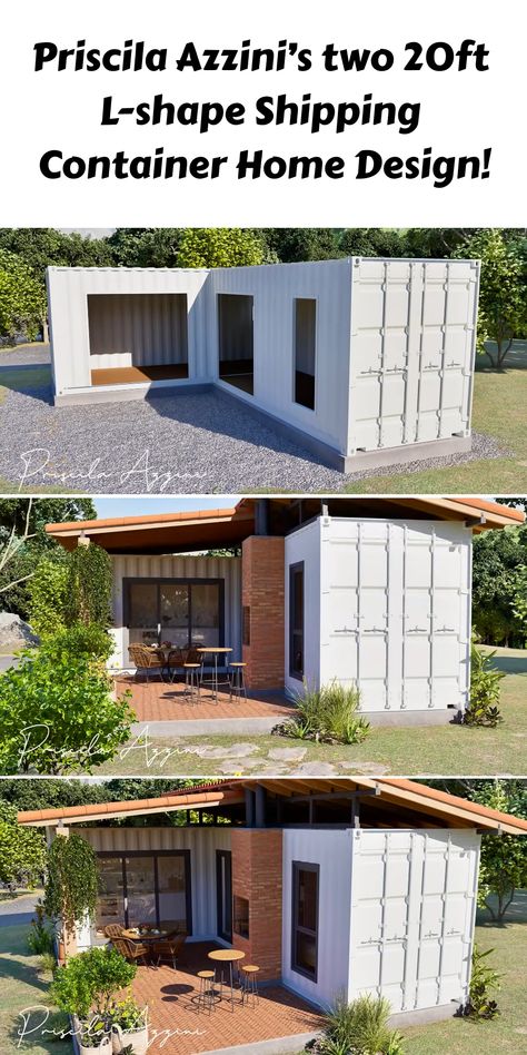 Explore Priscila Azzini’s two 20ft L-shape shipping container home design!    #containerhomes #shippingcontainerdesign #ecofriendlyhomes #tinyHomes #sustainableliving #containerarchitecture #repurposedcontainers #moderndesign #containerinteriors #diycontainerhomes #minimalistliving #containerhomeplans #offgridliving #customcontainerhomes #compactlivingspaces Backyard Container House, Container Outside Design, Container Home 20ft, Turning A Shipping Container Into A Home, Desert Shipping Container Homes, U Shape Container House, 20 Ft Shipping Container Home, L Shape Shipping Container Home, L Shape Container Home