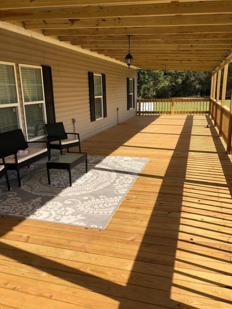 Front Deck On Modular Home, Front Porch Ideas Double Wide, Double Wide Inspiration, Porches On Trailers Mobile Homes, Manufactured Home Front Porch Addition, Back Porch Deck Ideas Mobile Homes, Trailer Home Porch Ideas, Single Wide Deck Ideas, Manufactured Home Bedroom Ideas