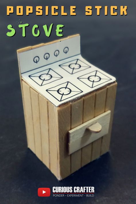 How to create a popsicle stick stove for a dollhouse. This is one of many toy furniture pieces by Curious Crafter. Check out the video on YouTube. Hope you like it! Diy Popsicle Stick Doll Furniture, Diy Dollhouse Furniture Popsicle Sticks, Popsicle Doll Furniture, Popsicle Stick Kitchen, Popsicle Stick Barbie Furniture, Popsicle Furniture Diy, Miniature Furniture Diy Popsicle Sticks, Popsicle Stick Mini Furniture, Doll House Furniture Diy Popsicle Sticks