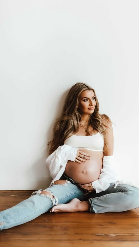 https://www.instagram.com/reel/CcUJVzPjmig/?igshid=MDJmNzVkMjY= Maternity Pictures Woman Only, Jeans And Shirt Maternity Shoot, Diy Home Maternity Shoot, Pregnancy Photos Single Mom, Maternity Shoot Poses Single, Maternity Pictures Studio Ideas, Studio Maternity Photos With Toddler, Easy Maternity Pictures At Home, Pregnancy Photos Indoor