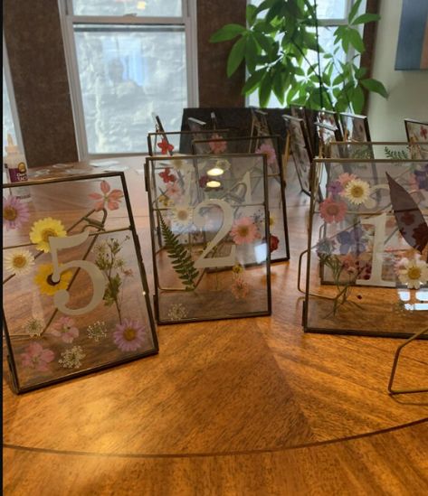 First DIY Project - Pressed Flower Table Numbers! Pressed Flower Table Numbers, Pressed Flower Table, Flower Table Numbers, Framed Table Numbers, Bridal Traditions, Diy Table Numbers, Party Like Its 1999, Mountain Top Wedding, Calgary Wedding