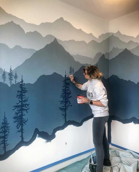 Image may contain: one or more people, people standing, mountain and outdoor Mountain Mural, Painting Trees, Fall Creek, Mural Ideas, Wall Designs, Kid Room, Tree Painting, Wall Paint, Boys Room