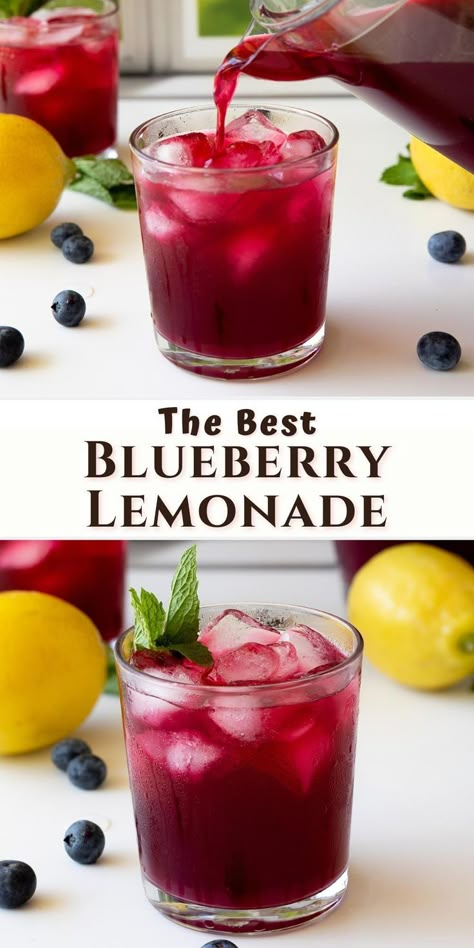 blueberry lemonade being poured into a glass and garnished with mint. Blueberry Lemonade Recipe, Pane Naan, Iced Drinks Recipes, Resep Smoothie, Tea Drink Recipes, Blueberry Lemonade, Drink Recipes Nonalcoholic, Refreshing Drinks Recipes, Lemonade Recipe