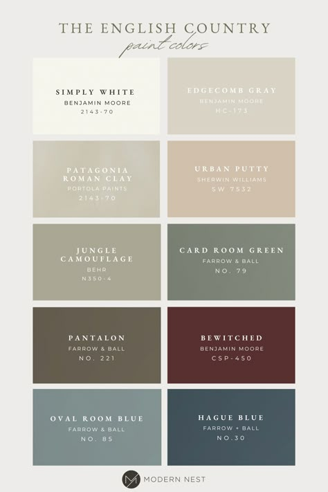 English Country Cottage Color Palette, Bold Farmhouse Colors, Colonial Home Color Palette, Moody Cottage Color Palette, Trending Home Paint Colors, Rustic Cottage Paint Colors, Full Home Paint Color Scheme, Warm Neutral Hallway Paint Colors, Traditional Home Paint Colors