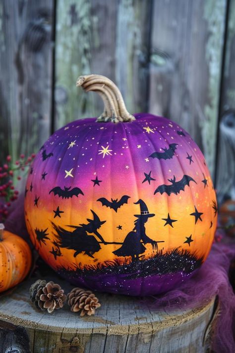 37 No-Carve Painted Pumpkin Ideas To Transform Your Fall Decor Paint Punkin Ideas Easy, Draw On Pumpkin, Best Paint For Pumpkin Painting, Pumpkin Halloween Painting, Sunset Pumpkin Painting, Witch Painting Pumpkin, Witchy Painted Pumpkin, Pumpkin Witch Painting, Ombre Pumpkin Painting