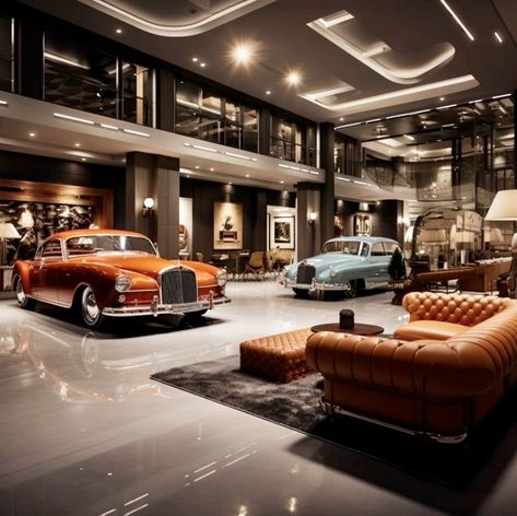 Dream Car Garage Luxury, Obsessed Garage, Awesome Garages, Dream House Garage, Hutton House, Car Showroom Interior, Vintage Car Garage, Classic Car Garage, Big Garage