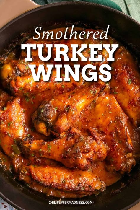 Smothered turkey wings are a southern classic dish of turkey wings smothered and slowly simmered in a rich gravy until tender and flavorful, so comforting. Barbecue Turkey Wings, Stew Turkey Wings Recipes, Turkey Wings And Legs Recipes, Soul Food Turkey Wings, Stewed Turkey Wings, Turkey Wings And Dressing, Slow Cooker Smothered Turkey Wings, Turkey Wings Recipe Soul Food Crock Pot, Smothered Turkey Legs In Crockpot