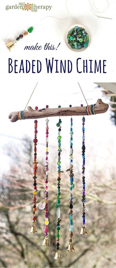 How to make a sparkling bead wind chime with bells! Ill admit Im a bit of a craft supply hoarder and have accumulated a massive amount of beautiful beads over the years but have barely used them. This project is the perfect excuse to get out my bead sup Carillons Diy, Story Layout, Layout Bloxburg, Diy Wind Chimes, Camping Crafts, Driftwood Art, Bloxburg House, Nature Crafts, Garden Crafts