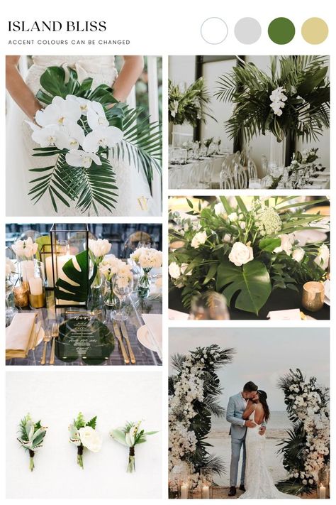 Green White Palette, Tropical Wedding Color Palette, Island Theme Wedding, Wedding By The Beach, Tropical Wedding Theme, Green Themed Wedding, Bridal Bouquet Flowers, Island Theme, White Palette