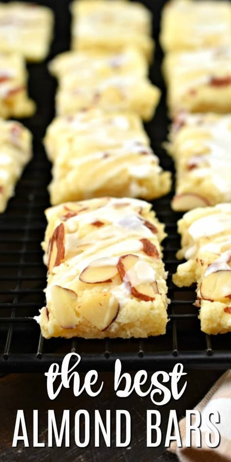 This Almond Bars recipe is a sweet treat that has a shortbread-like texture and a delicious almond glaze on top! You'll want to make extra and freeze them for later! Eagle Brand Desserts, Good Network Recipes, Dinner Recipes With Almonds, Easy Non Perishable Desserts, Easter Breads Sweet, Baking With Almonds, Sliced Almonds Recipes Healthy, Annie Starke Recipes, Popular Cookies Recipes