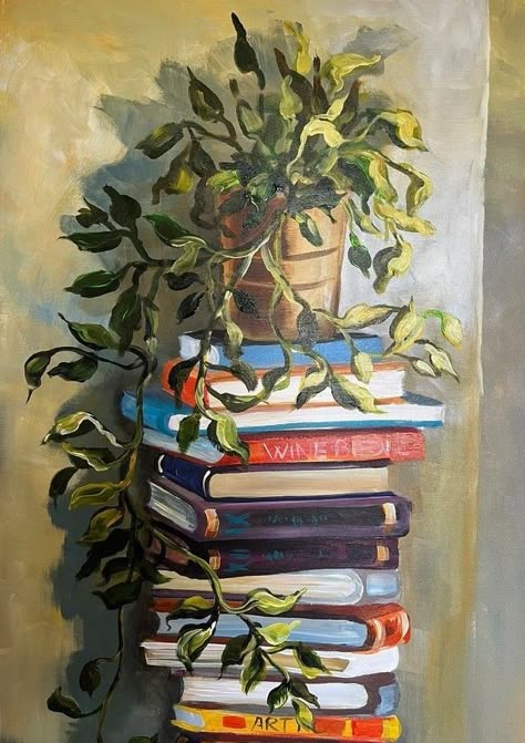 Still Life With Books, Still Life Acrylic Painting, Still Life Kitchen, Books And Plants, Elements Art, Painting The Roses Red, Acrylic Painting Inspiration, Bullet Journal 2019, Draw Painting