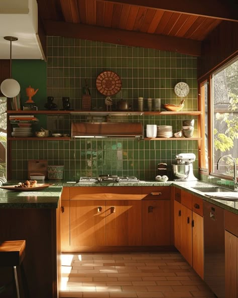 Kitchen Eclectic Modern, 70s Style Decor Interior Design, Kitchen Ideas No Window, Retro Kitchen Modern, Dark Eclectic Kitchen, Retro Style Home Decor, Kitchen Retro Modern, Green Kitchen With Wood Cabinets, Green And Wooden Kitchen