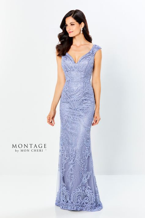 Montage Style #220934. Description: Sleeveless soutache and tulle fit and flare gown with a v-neck, natural waist, soft v-back, sweep train, beading and stone accents throughout. Shawl Included. Details: Brand: Montage;Collection: Spring 2021;Length: Long;Neckline: V-Neck;Silhouette: Fit and Flare;Special Features: Shawl Included;Waistline: Natural Fabric Beading, Dark Periwinkle, Montage By Mon Cheri, Fit And Flare Gown, Lace Evening Gowns, Flare Gown, Sheath Gown, Tulle Gown, Mon Cheri