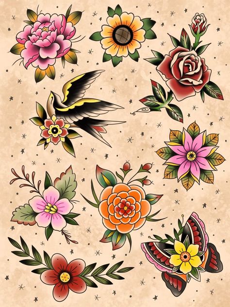 Gap Filler Tattoo Ideas Traditional Styles, Traditional Tattoo Art For Women, Tattoo Art Traditional, Traditional Tattoo Flash Sheet Vintage, Western Themed American Traditional Tattoos, Vintage Color Tattoo, Patchwork Tattoo Ideas American Traditional, American Traditional Flower Tattoo Flash, Tradional Flower Tattoo Design