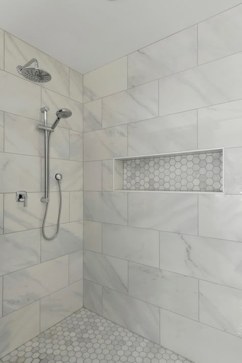 Master Bath Shower Tile, Shower Tile Combinations, Large Shower Tile, Marble Shower Tile, Tile Combinations, Master Bath Tile, White Tile Shower, Master Bath Shower, Full Bathroom Remodel