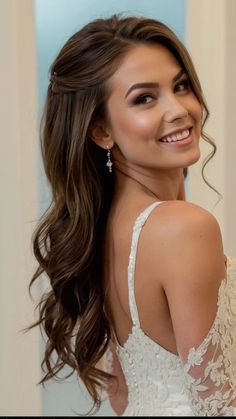 Down Long Hair Wedding Styles, Bridal Hair For Medium Length Half Up, Down Side Hairstyles Wedding, Simple Wavy Bridal Hair, Bridesmaid Hair Curls Down, Wedding Hair For Bridesmaids Updo, Medium Length Wedding Hairstyles Down, Curls With Side Pinned Back, Long Wedding Hairstyles Half Up